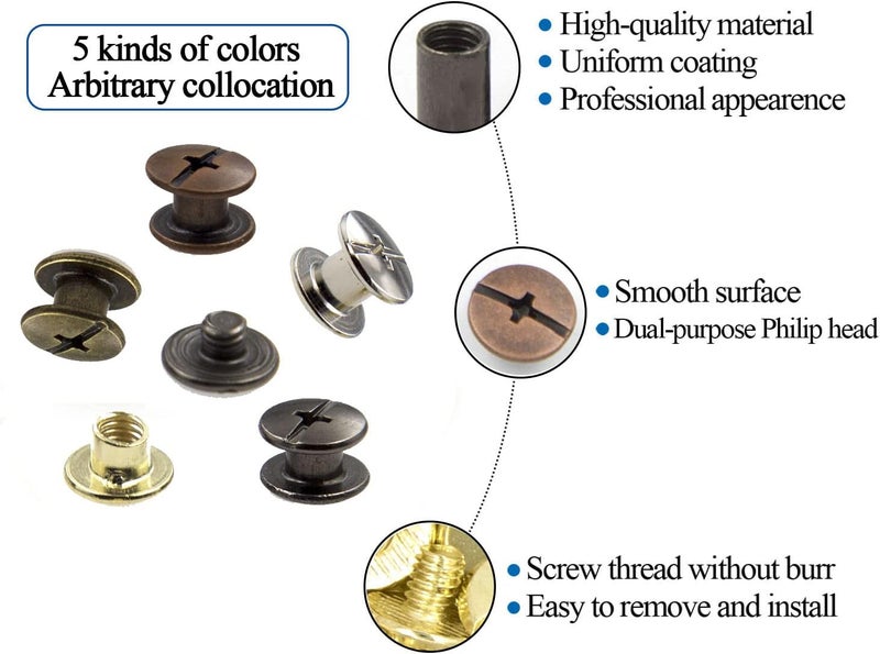 ALLOYPRO 125 Sets Chicago Screws Assorted Kit 5 Color Leather Rivets Screw Rivets Flat Fillister Book Binding Posts Nail Rivet Chicago Bolts for DIY Leather Craft Black Silver Golden Bronze (Colours 5×4mm) - Image 3